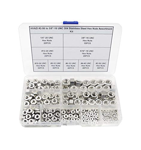 #2-56 à 3/8″-16 Unc 34 Kit d’assortiment d’écrous hexagonaux en acier inoxydable  | Noix Fixations Noix