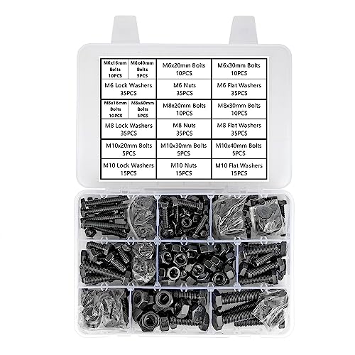 34 pièces de boulons et écrous hexagonaux métriques M6/M8/M10 – Ensemble de vis en acier allié noir de grade 8.8 pour poignées de porte et jouets, assortiment de vis métriques comprenant rondelles plates et rondelles de blocage.  | Ensembles de vis et écrous Ensembles de vis et écrous Ensembles de vis et écrous