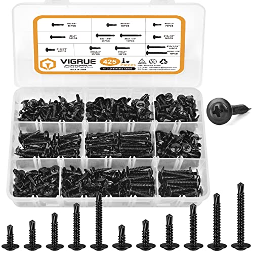 425 pièces de vis autotaraudeuses noires #8#10 pour métal, 425 pièces (410) de vis en acier inoxydable à tête modifiée en treillis pour tôles, kit d’assortiment de vis auto-perceuses, oxyde noir, longueur de 1/2″ à 1-1/2”  | Vis Fixations Vis