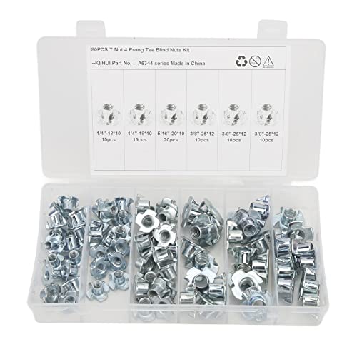 80 pièces de boulons en T en acier au carbone galvanisé, résistants à la rouille, robustes, assortiment de inserts filetés en forme de T de 1/4 po, 5/16 po et 3/8 po.  | T-Nuts Fixations T-Nuts