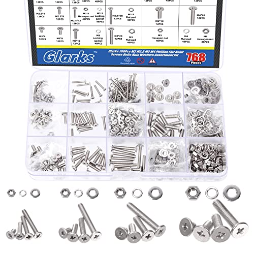 Glarks 768 pièces vis à tête Phillips plates M2 M2.5 M3 M4 avec écrous hexagonaux et rondelles plates, rondelles de verrouillage, kit d’assortiment en acier inoxydable 34.  | Ensemble de vis et boulons Ensemble de vis et boulons Ensemble de vis et boulons