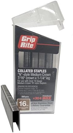 Grip Rite Prime Guard Max B64890 Agrafes en acier inoxydable 304 de 16 gauge, couronne moyenne de 7/16″ par 1-1/4″ dans une boîte avec clip de ceinture (paquet de 500)  | Agrafes Agrafes Agrafes