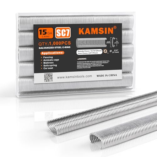 Kamsin Sc7 Agrafeuses en acier galvanisé de 15 gauge, anneaux de porc de 3/4 pouce, agrafes en C, agrafes en anneau de porc, 1 000 par pack (1 000 pièces en acier galvanisé)  | Fixations regroupées Fixations Fixations regroupées