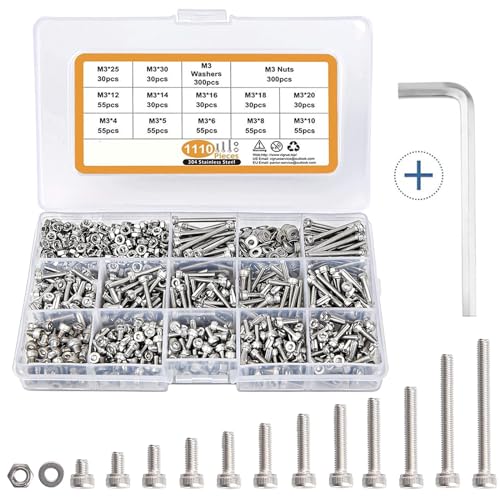 Kit d’assortiment de 1110 pièces de boulons et écrous métriques M3, vis à tête hexagonale en acier inoxydable 304 avec rondelles plates, ensemble de vis et écrous M3 de 4/5/6/8/10/12/14/16/18/20/25/30 mm avec clé Allen.  | Ensemble de vis et boulons Ensemble de vis et boulons Ensemble de vis et boulons