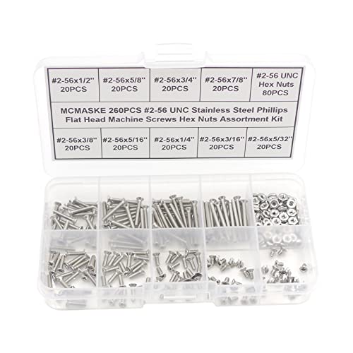 Kit d’assortiment de 26 pièces de vis à tête plate Phillips en acier inoxydable #2-56 UNC et écrous hexagonaux  | Ensemble de vis et boulons Ensemble de vis et boulons Ensemble de vis et boulons