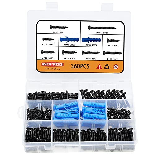 Kit d’assortiment de 360 pièces de vis à bois M3 M4 M5 avec chevilles à sec bleu avec ailes, vis autotaraudeuses en acier au carbone à haute dureté, chevilles d’expansion en nylon, tête fraisée plate à empreinte Phillips.  | Ancrages Ancrages Ancrages