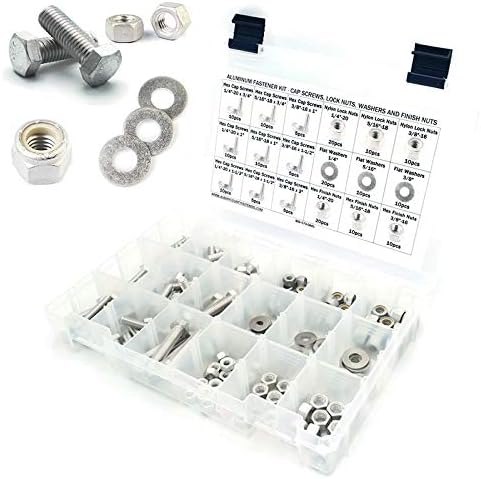 Kit d’assortiment de boulons hexagonaux en aluminium avec écrous de verrouillage en nylon, écrous hexagonaux et rondelles plates 1/4″-20 à 3/8″-16 – 191 pièces  | Ensembles de vis et écrous Ensembles de vis et écrous Ensembles de vis et écrous