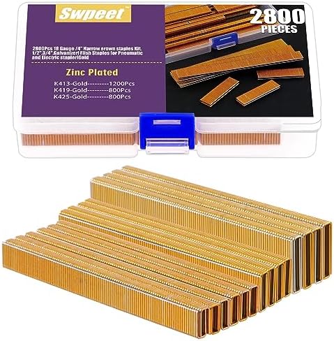 Swpeet 281 Compte 3 Tailles K413 K419 K425 18 Gauge Environ 1/4″×1/2″/3/4″/1″ Agrafes Dorées à Couronne Étroit, Agrafes Finition Galvanisée, Pack de Projets de Tailles Assorties pour Agrafeuse Pneumatique et Électrique  | Agrafes Agrafes Agrafes