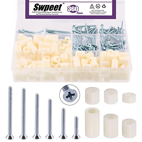 Swpeet 36 pièces de rondelles en nylon, entretoises, vis à écrou et vis à tête plate Phillips #6-32, kit d’assortiment de vis pour électriciens, parfait pour le prototypage de vis.  | Entretoises et entretoises Entretoises et entretoises Entretoises et entretoises