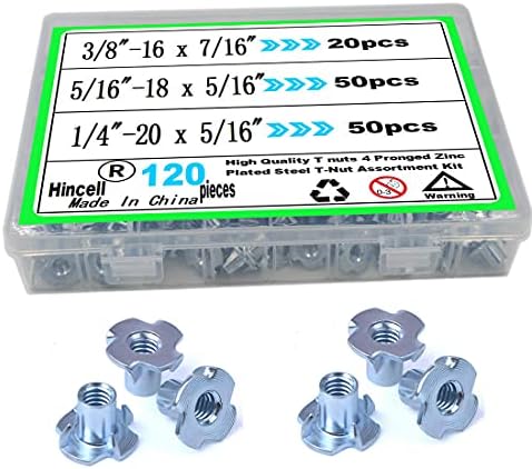 T Nuts 1/4″-20, 5/16″-18, 3/8″-16, 120 pièces d’écrous en T en acier zingué à 4 griffes, kit d’assortiment d’écrous aveugles pour bois, prises d’escalade, menuiserie, mobilier, etc.  | T-Nuts Fixations T-Nuts