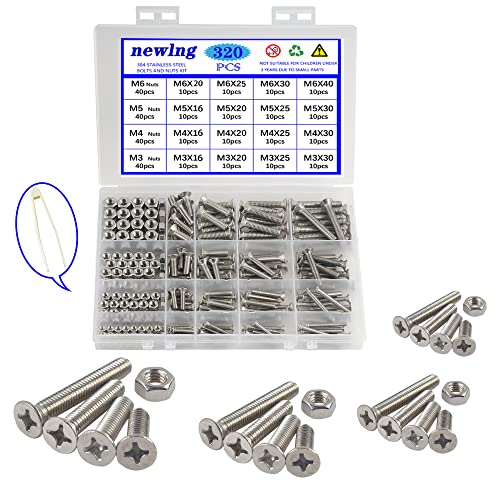 Vis à tête fraisée M3 M4 M5 M6 en acier inoxydable 304 – Kit de 320 pièces de boulons, écrous et outils de réparation pour le montage d’appareils électriques. Vis pour prises électriques et vis de machine.  | Ensembles de vis et écrous Ensembles de vis et écrous Ensembles de vis et écrous