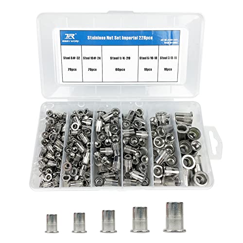 Kit de 228 pièces de boulons à rivet en acier inoxydable, assortiment de boulons à rivet SAE UNC 8#-32, 1#-24, 1/4″-2, 5/16″-18, 3/8″-16, inserts à rivet à tête plate, kit d’assortiment de boulons à rivet filetés.  | Insertions filetées Fixations Insertions filetées