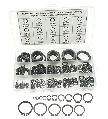 Kit d’assortiment de 32 pièces de clips en C de tailles métriques de 4 mm à 28 mm, anneaux de retenue externes, finition en phosphate noir.  | Anneaux de retenue Anneaux de retenue Anneaux de retenue