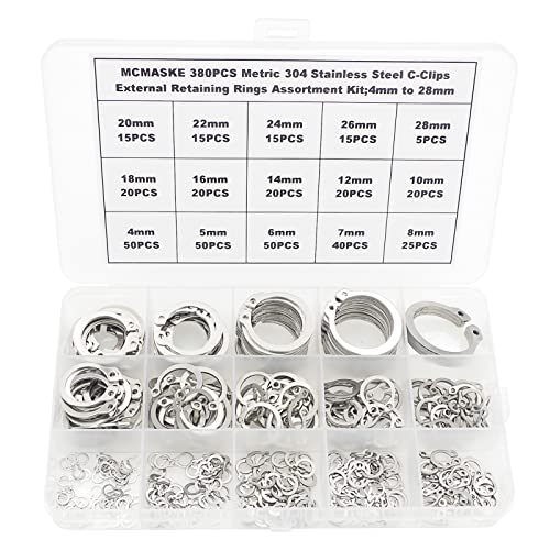 Kit d’assortiment de 38 pièces de clips en C en acier inoxydable 34, anneaux de retenue externes de 4 mm à 28 mm  | Anneaux de retenue Anneaux de retenue Anneaux de retenue