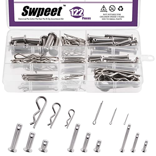 Swpeet 122 pièces 34 en acier inoxydable M4 M6 M8 goupille clevis avec goupille et clips de fixation en acier zingué M1.5 M2 M3 ensemble de fixations goupille d’attelage clips de fixation emplacement de trou de goupille T-forme goupille ronde  | Épingles Épingles Épingles